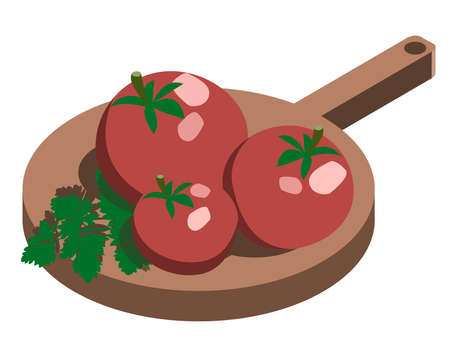 Vector isometric fresh red tomatoes served on wooden board with parsley greenのイラスト素材