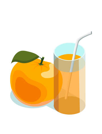 Vector isometric illustration of orange fruit and orange juice in glass isolated on white backgroundのイラスト素材