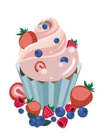 Vector isometric illustration of cupcake dessert served with fresh berries, blueberry, strawberry, raspberry.のイラスト素材