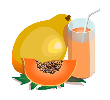 Set of whole papaya, halved papaya and papaya juice in a glass isolated on white backgroundのイラスト素材