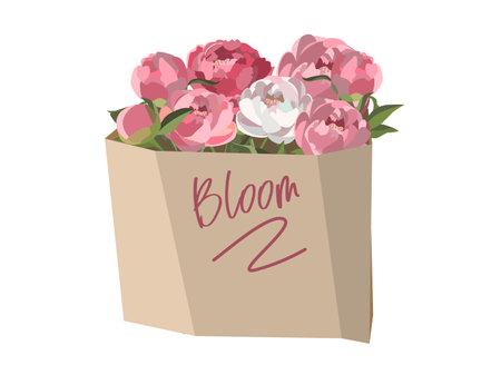 Bunch of pink and white peonies in craft bag. Isolated on white backgroundのイラスト素材