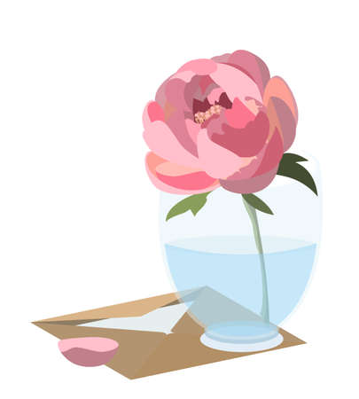 Vector illustration of pink peony put in glass standing on letter envelope. Isolated in white backgroundのイラスト素材