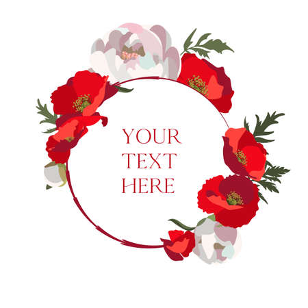 Vector round frame template with red poppies, white peonies and copy space. Isolated on white backgroundのイラスト素材