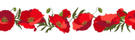 Vector horizontal seamless border with red poppy flowers on a white backgroundのイラスト素材