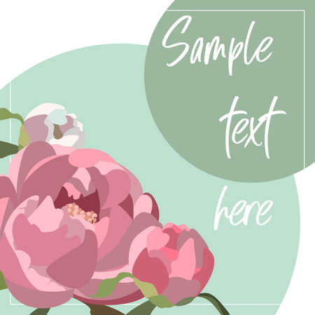 Vector card template with peonies and green gray circles, copy space includedのイラスト素材