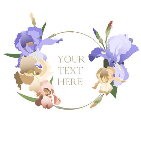 Vintage style purple, pink and yellow iris flowers round template with copy space, isolated on white backgroundのイラスト素材
