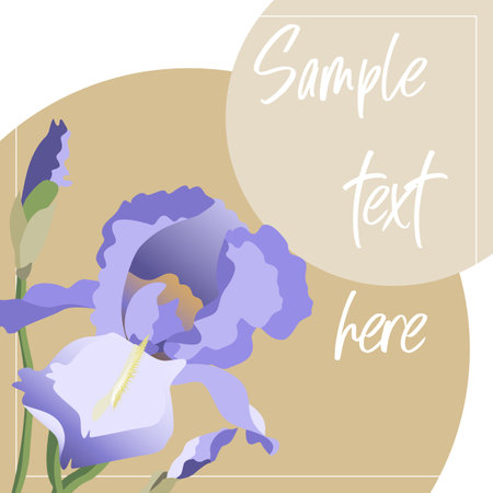 Vector card template with blue iris flowers and gold circles, copy space includedのイラスト素材