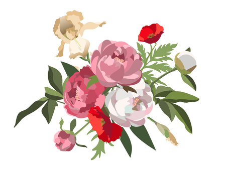 Vector bouquet of pink, white peonies, yellow iris flowers and red poppies isolated on a white background.のイラスト素材