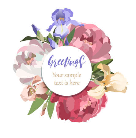 Summer floral vector composition with blooming pink and white peonies, blue and yellow iris flowers with copy space.のイラスト素材