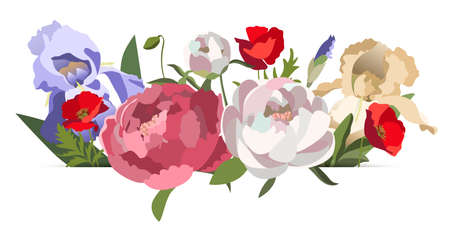 Vector bouquet of pink, white peonies, yellow iris flowers and red poppies behind a banner, isolated on white backgroundのイラスト素材