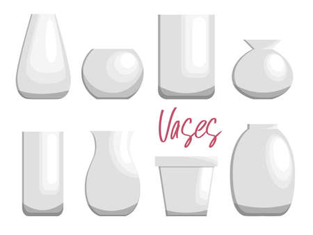 Set of different white pottery, clay crockery. Pots and flower vases of various sizes, shapes.のイラスト素材