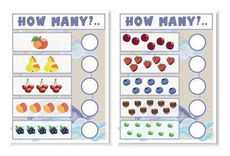 Counting educational children game, math activity sheet. How many objects task with fruits. Write the missing numbers.の写真素材