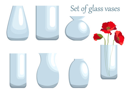 Set of different glass vases. Pots and flower vases of various sizes, shapes.のイラスト素材
