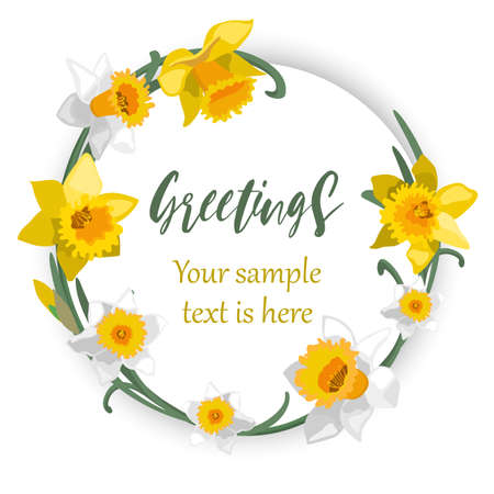 Vector greeting card template with yellow daffodils and green leaves isolated on white. Floral wreath.のイラスト素材