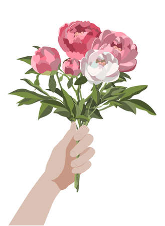 Side view hand holding a bunch of peonies, isolated on white backgroundのイラスト素材