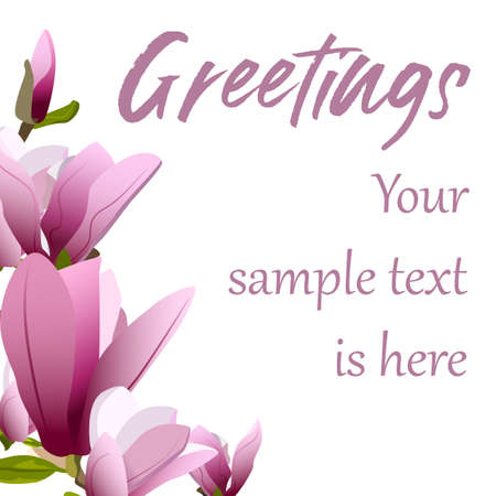 Vector template of greeting card with blooming purple magnolia flowers on white backgroundのイラスト素材
