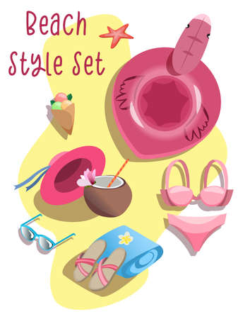 Cute and colorful beach item set with flamingo ring, swimwear, hat, sunglasses, flip-flops and dessertsのイラスト素材