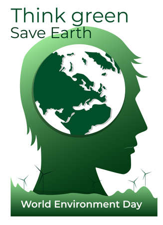 World environment day concept. Think green, save Earth text. Vector illustration.のイラスト素材