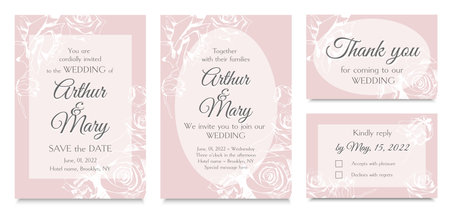 Floral design for wedding invitation with roses on pink. Vector invitation set: card for invitation, thank you, rsvp.のイラスト素材
