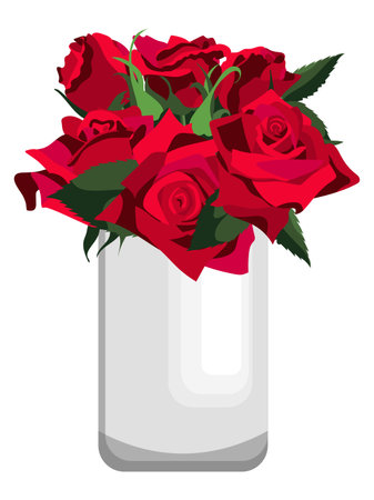 Bunch of red roses with greenery in white clay vase. Isolated on white backgroundのイラスト素材