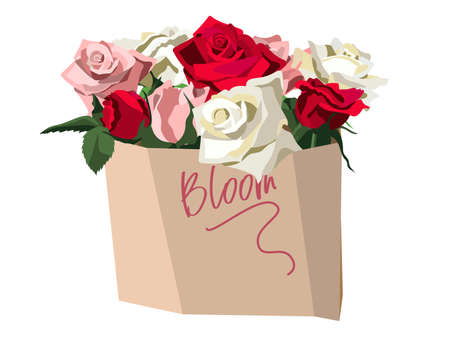 Lush bunch of red, white and pink roses in paper bag. Bloom wording. Isolated on white backgroundのイラスト素材