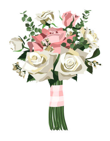 Wedding bouquet with white and pink roses, jasmine flowers and eucalyptus. Isolated on white backgroundのイラスト素材