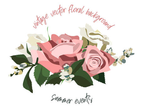 Vintage style floral background with pink and white roses, leaves and jasmine branches. Isolated on white backgroundのイラスト素材