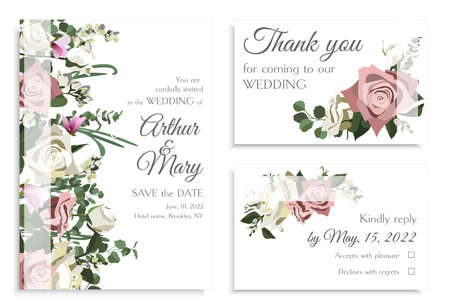 Elegant roses, jasmine, magnolia and eucaliptus wedding invitation card setのイラスト素材