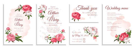 Vector floral design wedding invitation card set with pink and white peonies, and watercolour backgroundの写真素材