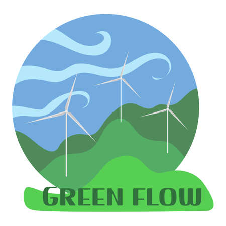 Green Flow vector illustration with wind turbines, landscape and wind flowのイラスト素材