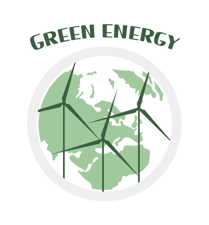 Green energy vector icon with globe and windmills. Isolated on white backgroundのイラスト素材