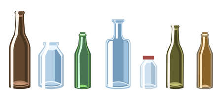 Set of various glass bottles and jars. Glass waste. Empty bottles isolated on white backgroundのイラスト素材