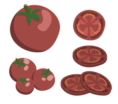 Set of red ripe tometoes, whole and sliced, isolated on white backgroundのイラスト素材