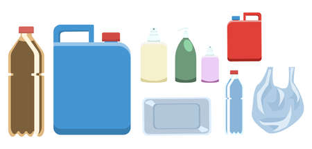 Set of various plastic bottles, container and bag. Plastic waste, isolated on white backgroundのイラスト素材