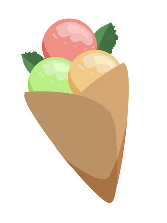Colorful ice-cream in a waffle cone, pink, green and vanilla balls, isolated on white backgroundのイラスト素材