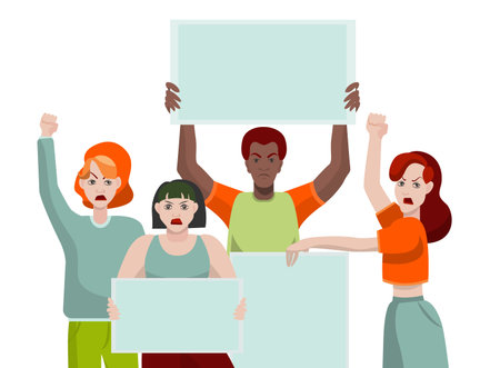Group of four people protest in flat style with blank posters isolated on white background.のイラスト素材