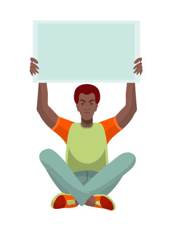 Flat style young black man protests sitting with blank poster over his head on white background.のイラスト素材