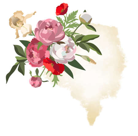 Floral template with arrangement of peonies, iris and poppies with greenery on watercolor styled backgroundのイラスト素材