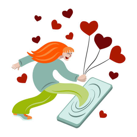 Young smiling woman giving likes and feedback in social network, cartoon style character illustrationのイラスト素材