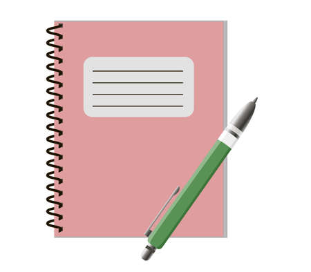 Pink vector copybook with green pen, isolated on white backgroundのイラスト素材