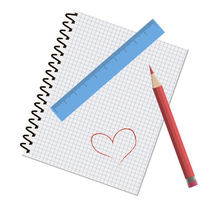 Blank vector copybook with red pencil, ruler and hand-drawn red heart, isolated on white backgroundのイラスト素材