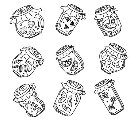 Doodle style vector jars with various fruit jam, black outline on white backgroundのイラスト素材