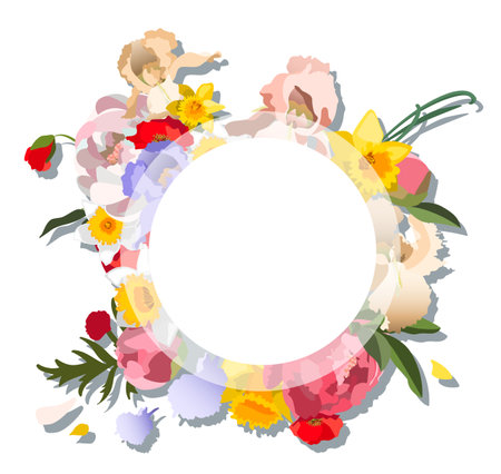 Round vector floral background template with various flowers, peonies, daffodil, iris, poppiesのイラスト素材