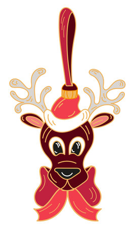Christmas decoration with Santas deer in a hat with bow, isolated on white backgroundのイラスト素材