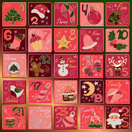 Cute doodle style Christmas advent calendar with 25 framesのイラスト素材