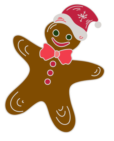 Vector doodle gingerbread cookie in a Santa hat. Isolated on white backgroundのイラスト素材