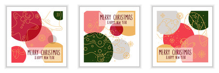 Set of three Christmas card square templates with doodle and circles design on white backgroundのイラスト素材