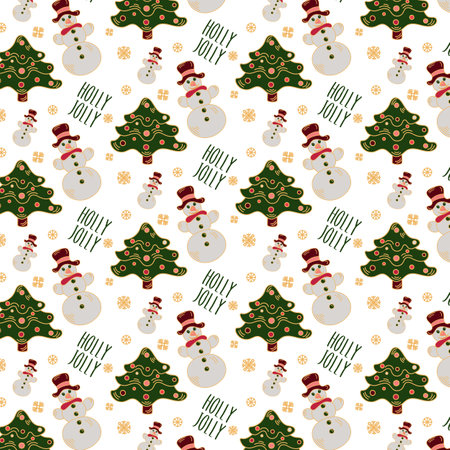Christmas seamless pattern with firtree and snowman on white background. Holly Jolly textのイラスト素材