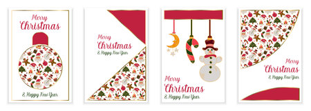 Set of four Christmas card designs with pattern decoraton on white background and copy spaceの写真素材