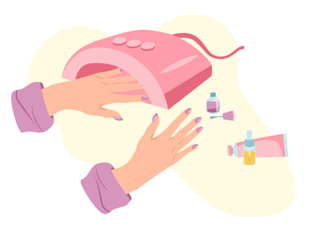 Caucasian woman puts her hand into UV lamp to dry her manicure in flat styleのイラスト素材